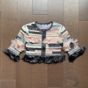 Herve Leger Pink/Grey/White Crop Cardigan with Fringe Detail - XS